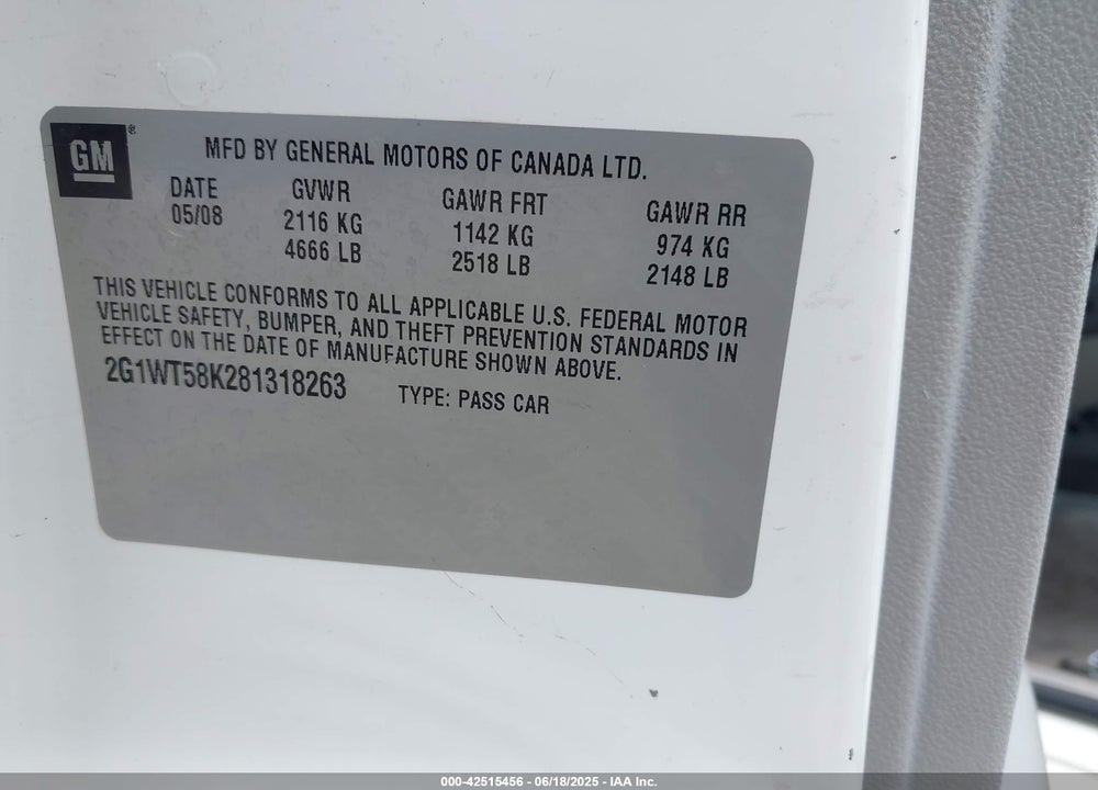 2008 CHEVROLET IMPALA VIN: 2G1WT58K281318263
