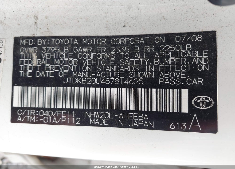 2008 TOYOTA PRIUS VIN: JTDKB20U487814625