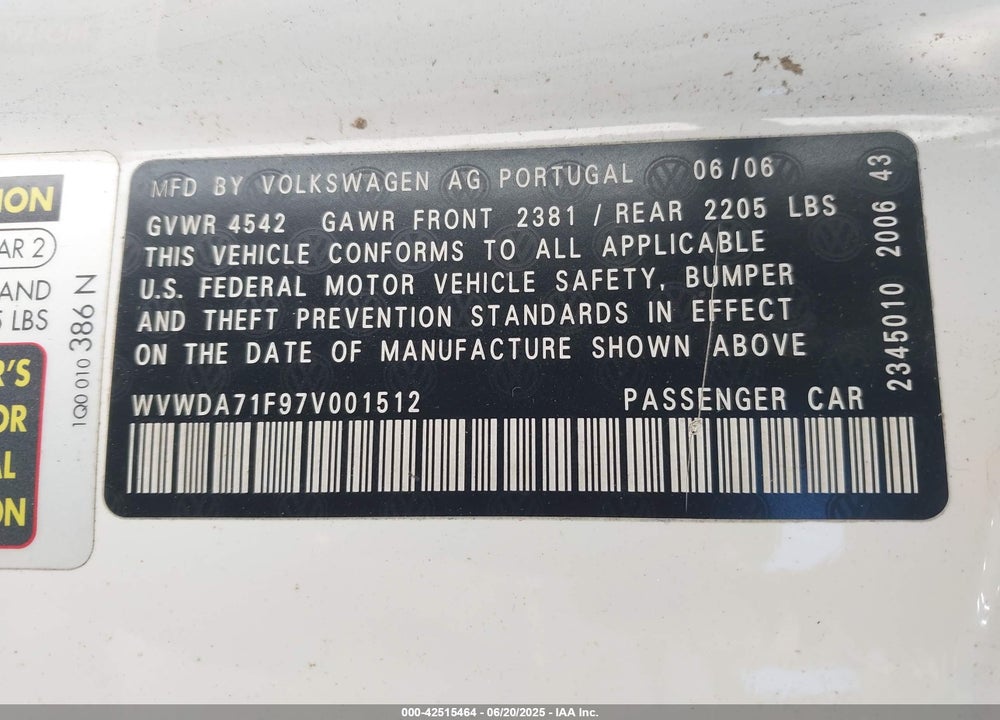 2007 VOLKSWAGEN EOS VIN: WVWDA71F97V001512