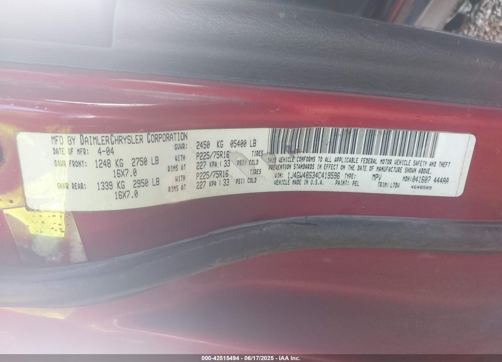 2004 JEEP GRAND CHEROKEE LAREDO VIN: 1J4GW48S34C419596