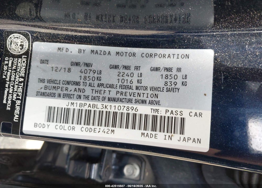2019 MAZDA 3 VIN: JM1BPABL3K1107896