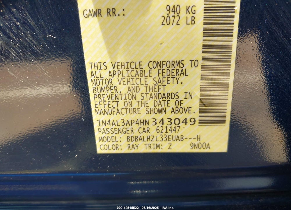 2017 NISSAN ALTIMA VIN: 1N4AL3AP4HN343049