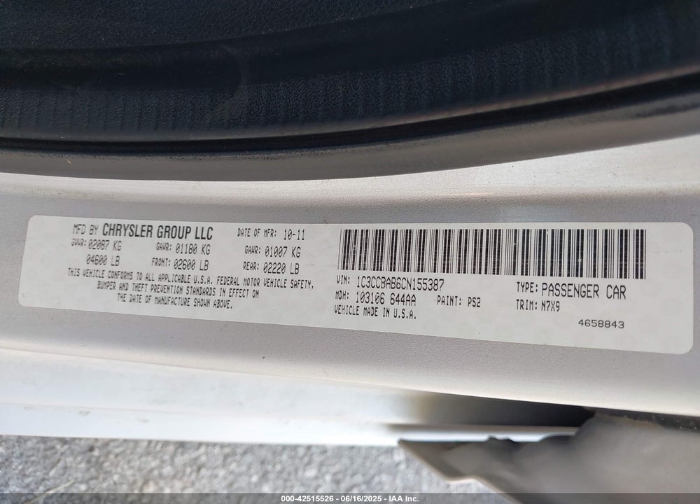 2012 CHRYSLER 200 VIN: 1C3CCBAB6CN155387