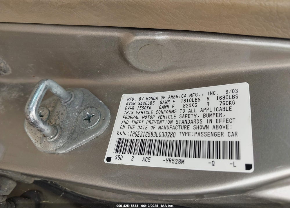 2003 HONDA CIVIC LX VIN: 1HGES16583L030280