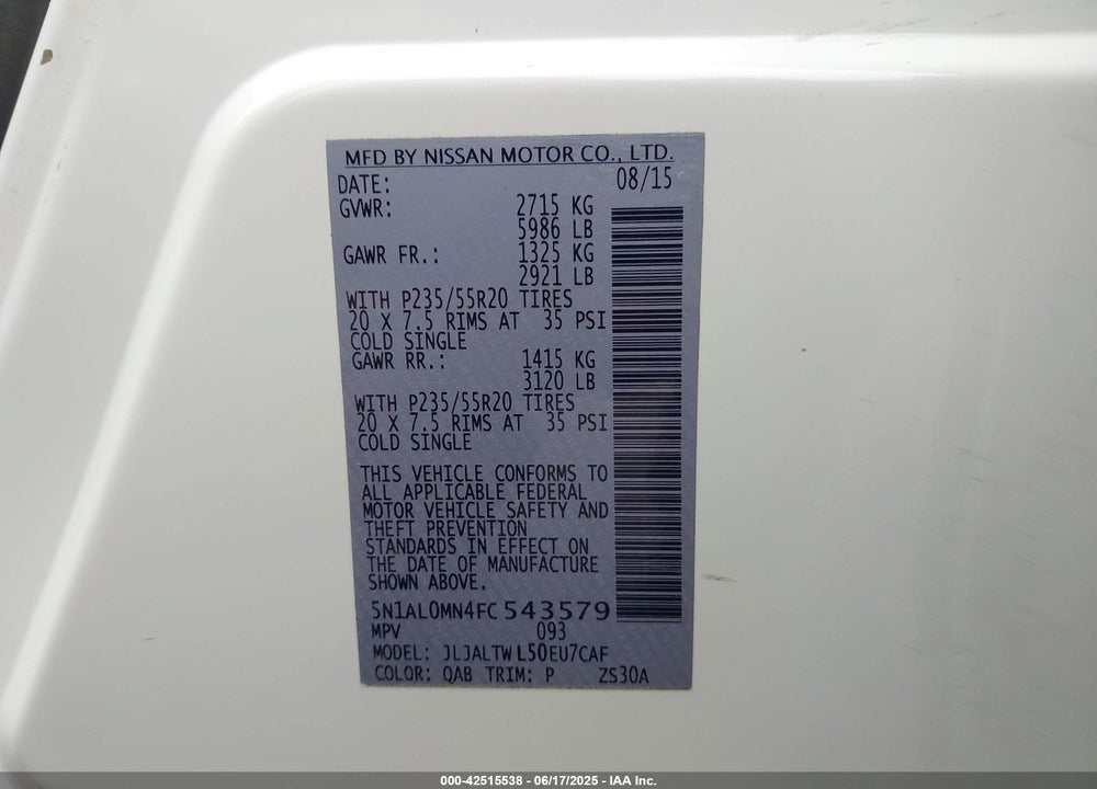 2015 INFINITI QX60 VIN: 5N1AL0MN4FC543579