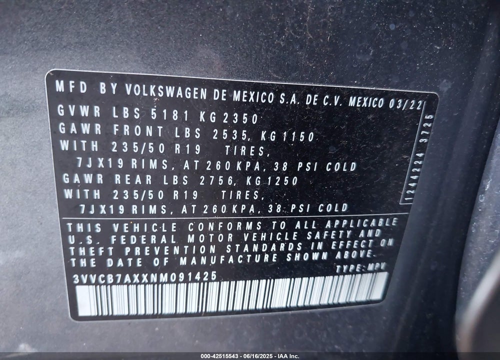 2022 VOLKSWAGEN TIGUAN VIN: 3VVCB7AXXNM091425