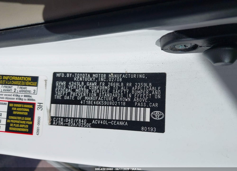 2009 TOYOTA CAMRY VIN: 4T1BE46K59U802118