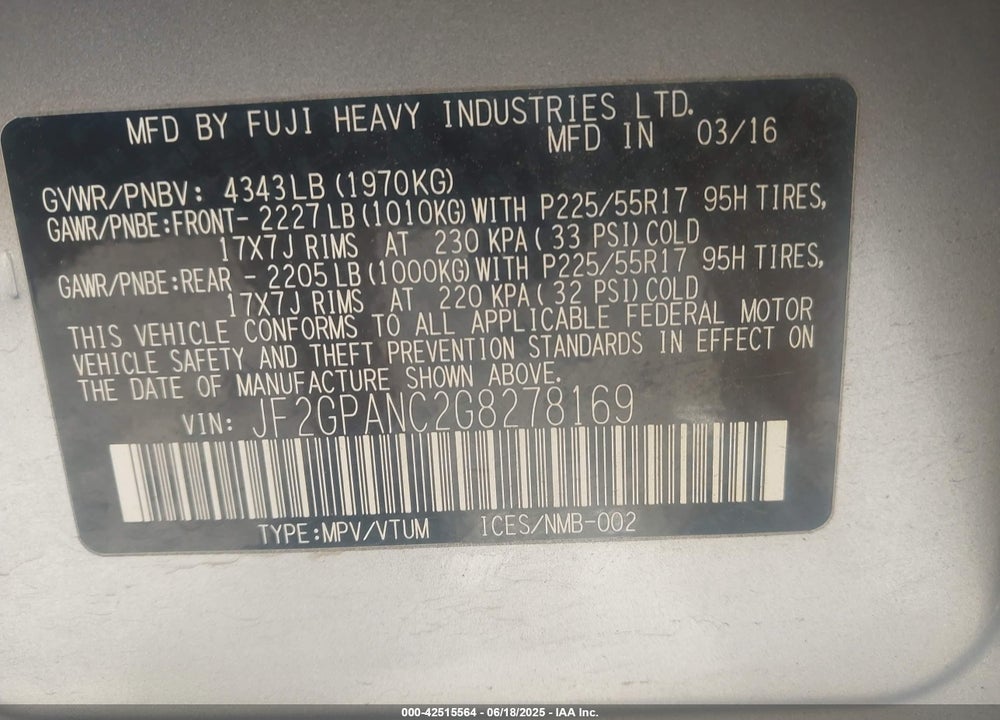 2016 SUBARU CROSSTREK VIN: JF2GPANC2G8278169