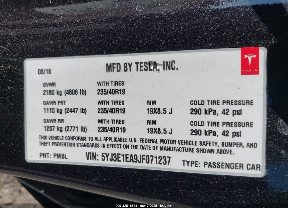 2018 TESLA MODEL 3 VIN: 5YJ3E1EA9JF071237