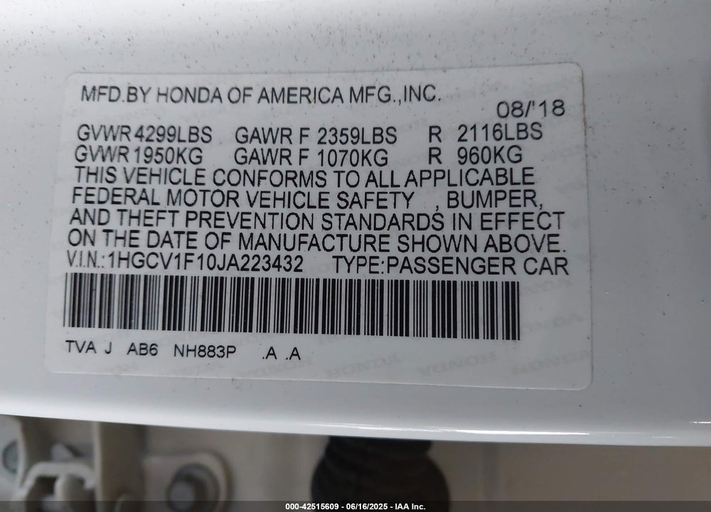 2018 HONDA ACCORD VIN: 1HGCV1F10JA223432