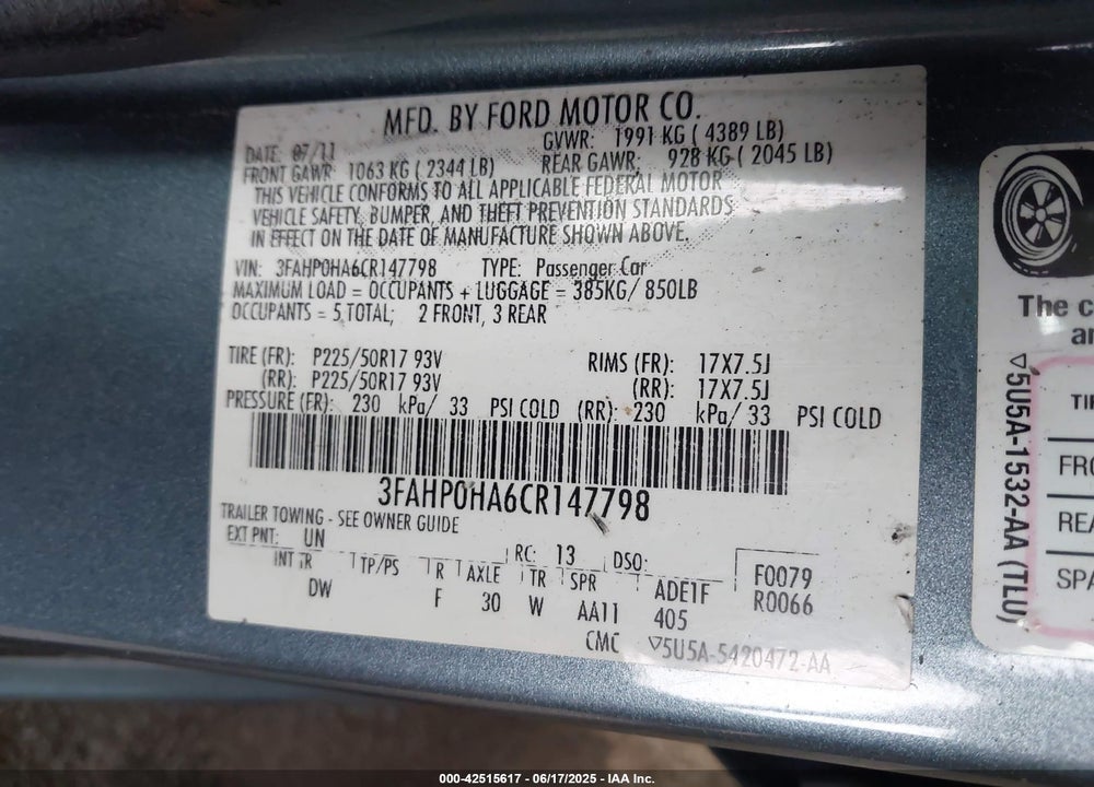 2012 FORD FUSION SE VIN: 3FAHP0HA6CR147798
