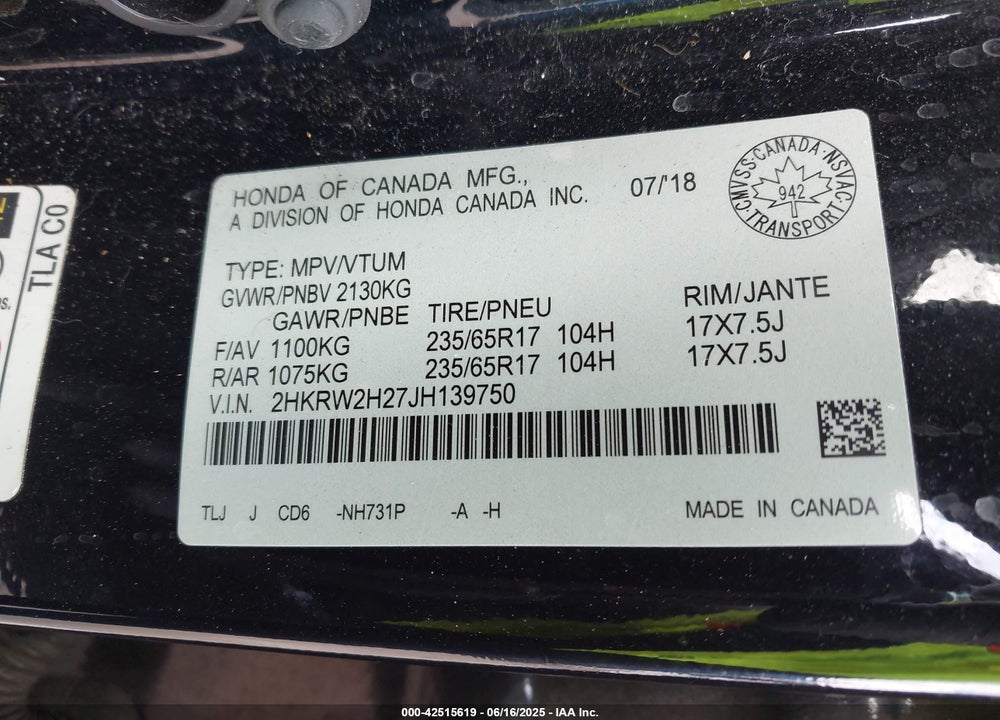 2018 HONDA CR-V VIN: 2HKRW2H27JH139750
