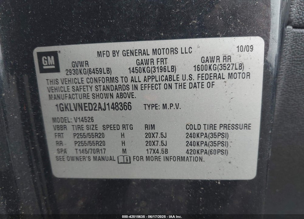 2010 GMC ACADIA SLT-2 VIN: 1GKLVNED2AJ148366