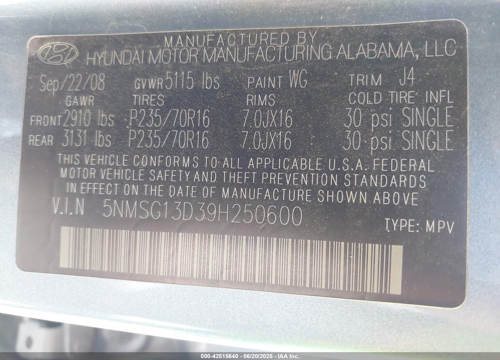 2009 HYUNDAI SANTA FE VIN: 5NMSG13D39H250600