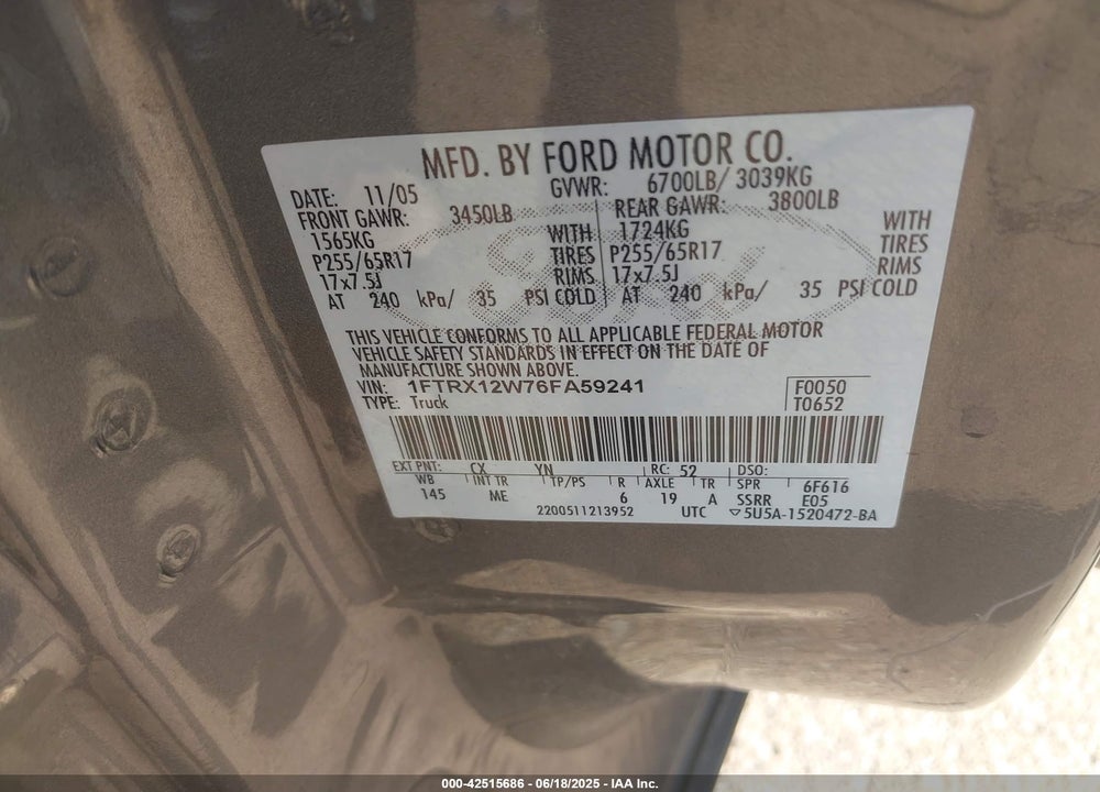 2006 FORD F-150 VIN: 1FTRX12W76FA59241