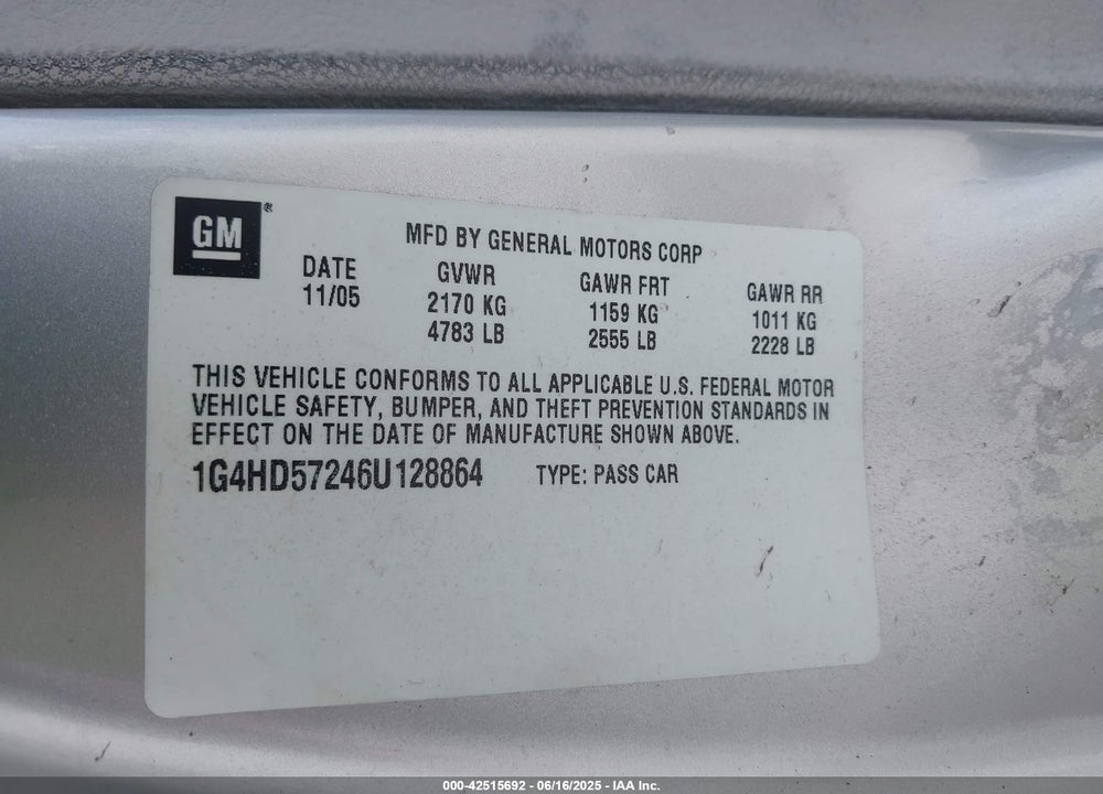 2006 BUICK LUCERNE CXL VIN: 1G4HD57246U128864