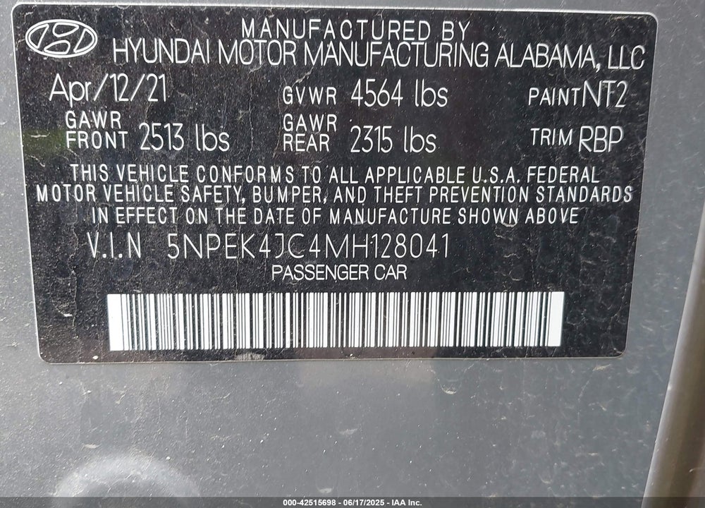 2021 HYUNDAI SONATA VIN: 5NPEK4JC4MH128041