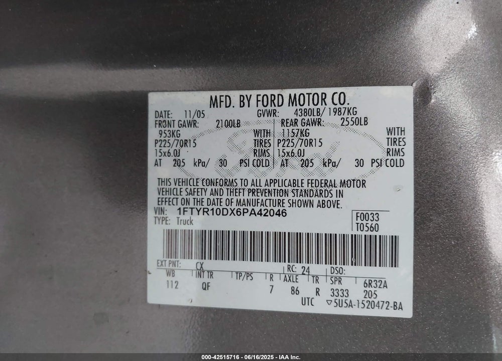 2006 FORD RANGER VIN: 1FTYR10DX6PA42046