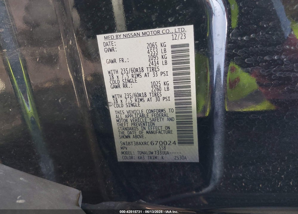 2024 NISSAN ROGUE SV FWD VIN: 5N1BT3BAXRC670024
