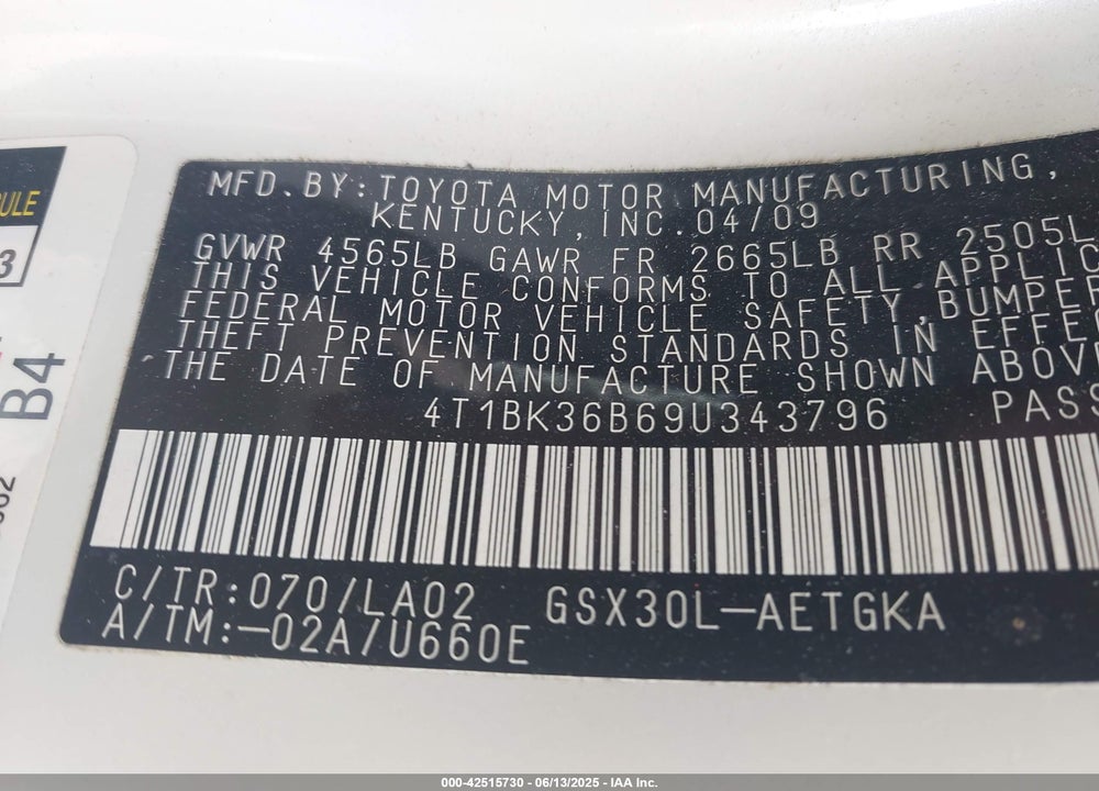 2009 TOYOTA AVALON VIN: 4T1BK36B69U343796