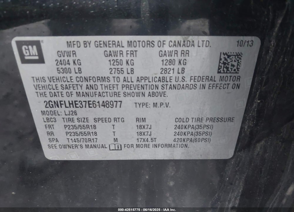 2014 CHEVROLET EQUINOX VIN: 2GNFLHE37E6148977