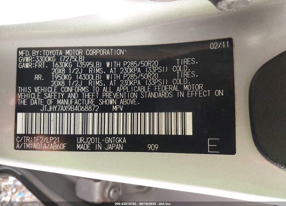 2011 LEXUS LX 570 VIN: JTJHY7AX9B4068872