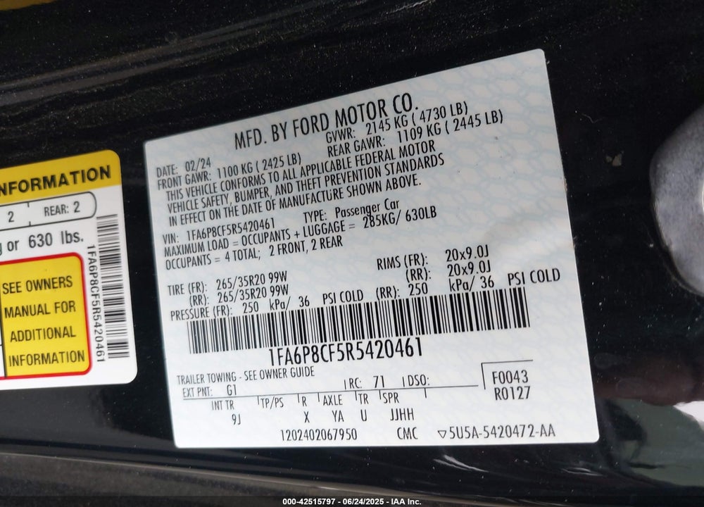 2024 FORD MUSTANG GT PREMIUM FASTBACK VIN: 1FA6P8CF5R5420461