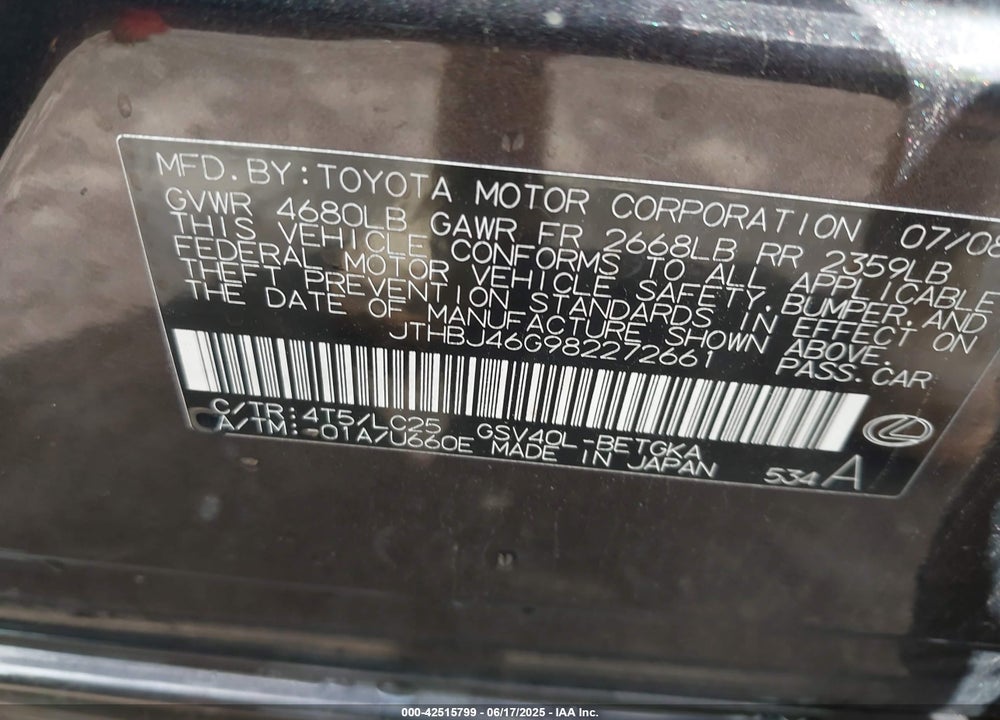2008 LEXUS ES350 VIN: JTHBJ46G982272661