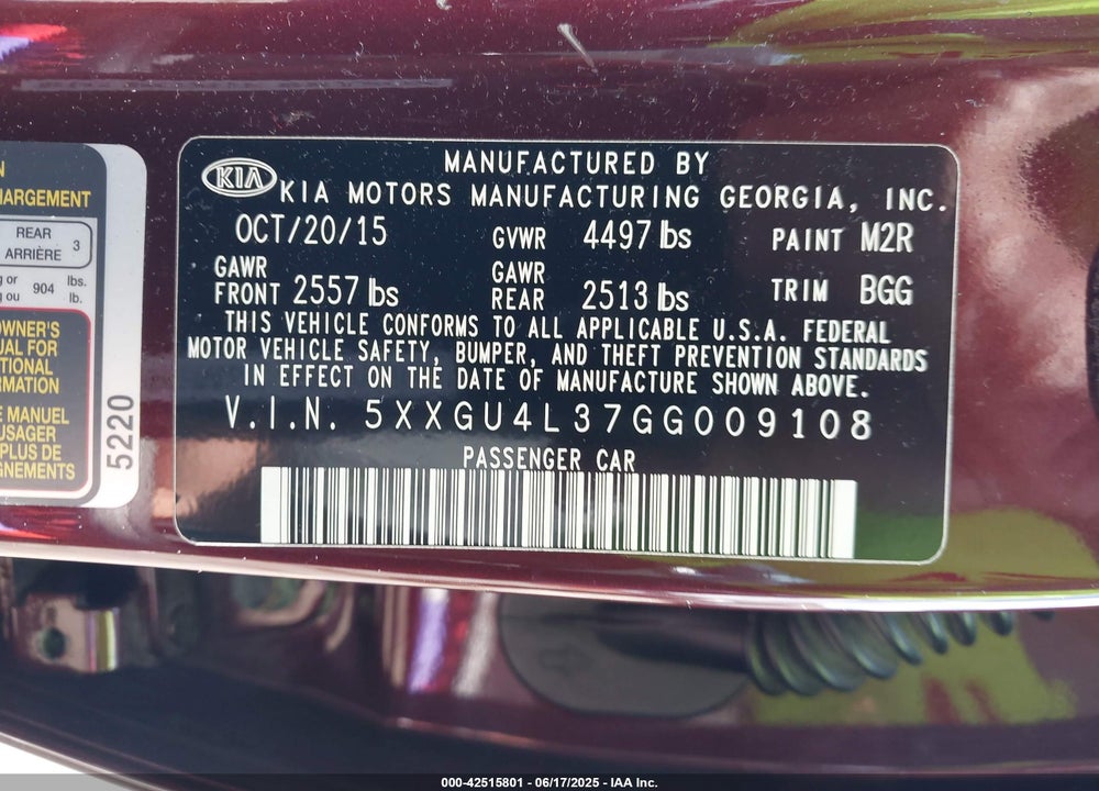 2016 KIA OPTIMA VIN: 5XXGU4L37GG009108