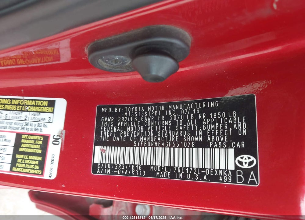 2016 TOYOTA COROLLA VIN: 5YFBURHE4GP551078