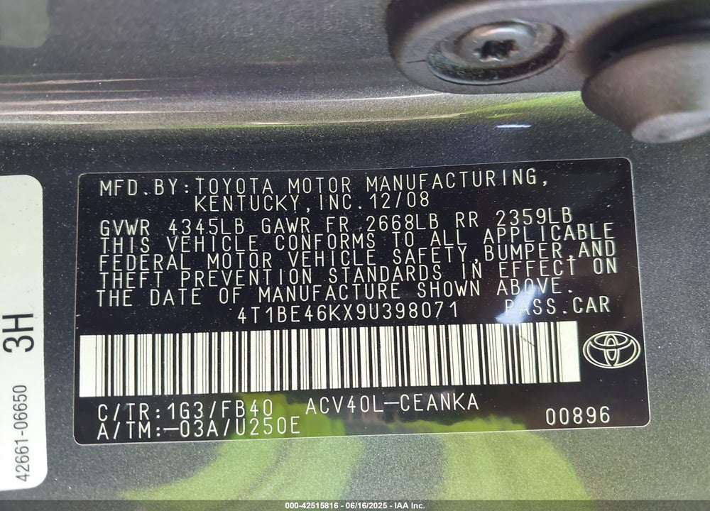 2009 TOYOTA CAMRY LE VIN: 4T1BE46KX9U398071