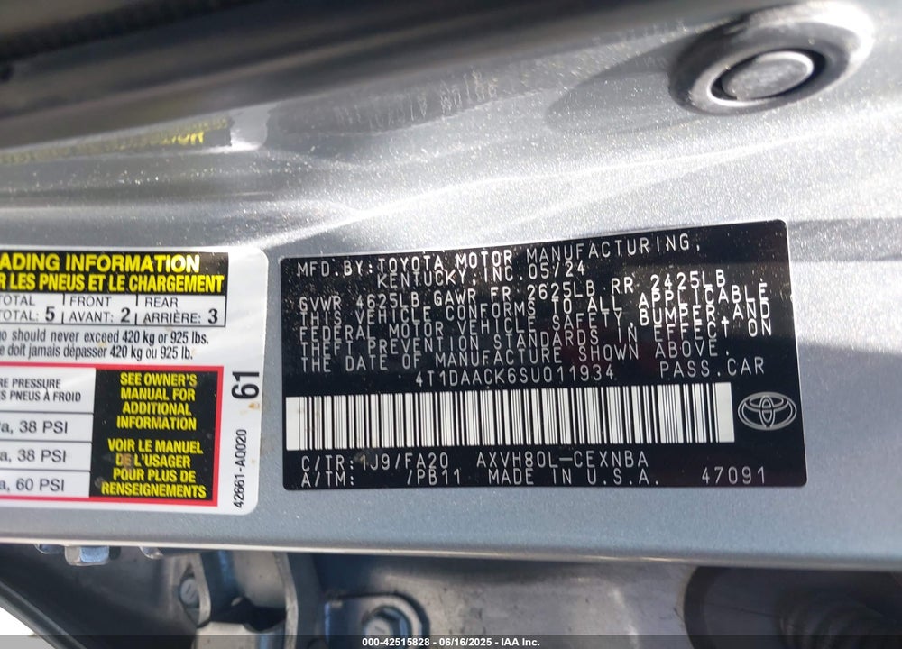 2025 TOYOTA CAMRY LE VIN: 4T1DAACK6SU011934