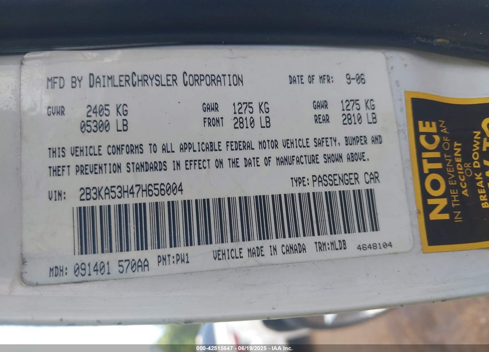 2007 DODGE CHARGER VIN: 2B3KA53H47H656004