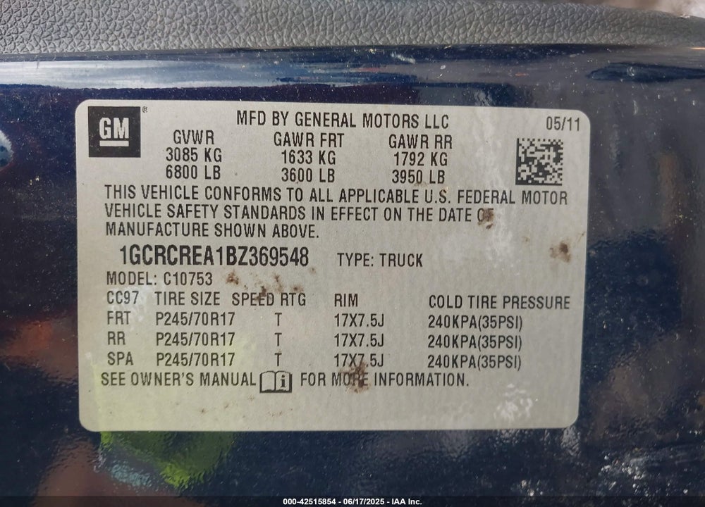 2011 CHEVROLET SILVERADO 1500 LS VIN: 1GCRCREA1BZ369548