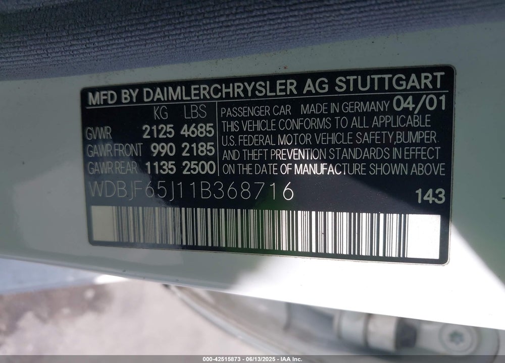 2001 MERCEDES-BENZ E 320 VIN: WDBJF65J11B368716