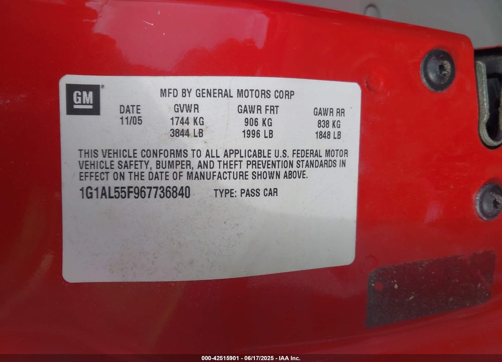 2006 CHEVROLET COBALT VIN: 1G1AL55F967736840