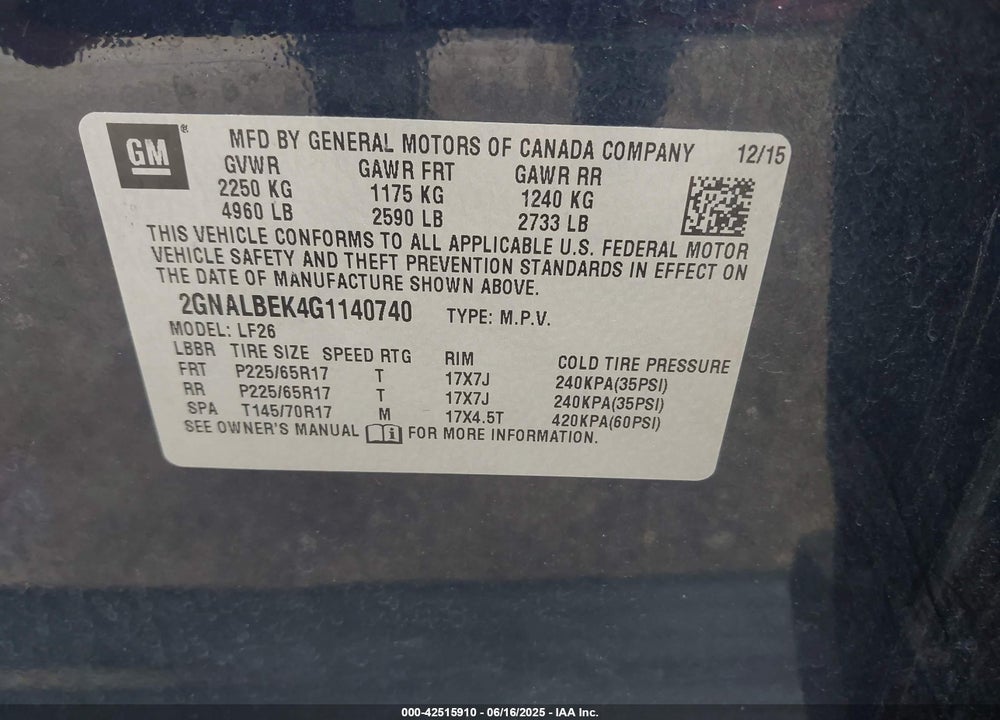 2016 CHEVROLET EQUINOX VIN: 2GNALBEK4G1140740