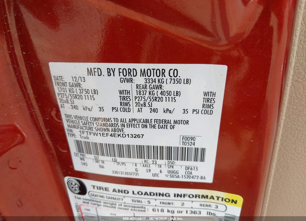 2014 FORD F-150 VIN: 1FTFW1EF4EKD13267