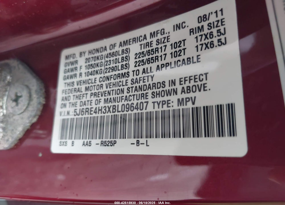 2011 HONDA CR-V VIN: 5J6RE4H3XBL096407