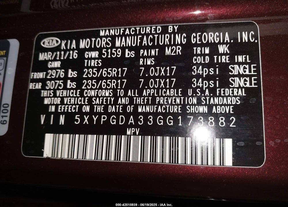 2016 KIA SORENTO VIN: 5XYPGDA33GG173882