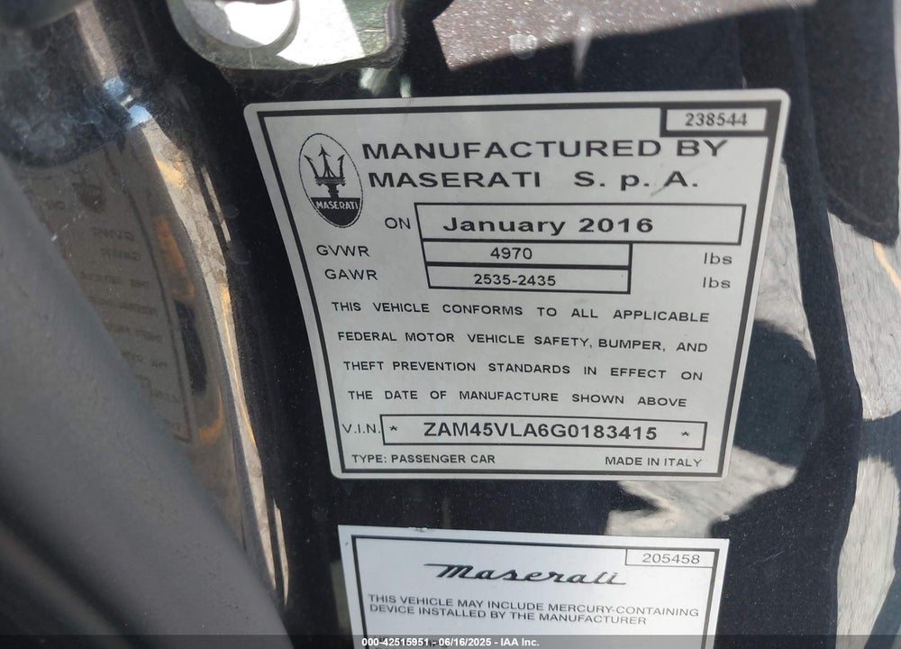 2016 MASERATI GRANTURISMO MC/MC CENTENNIAL/SPORT VIN: ZAM45VLA6G0183415