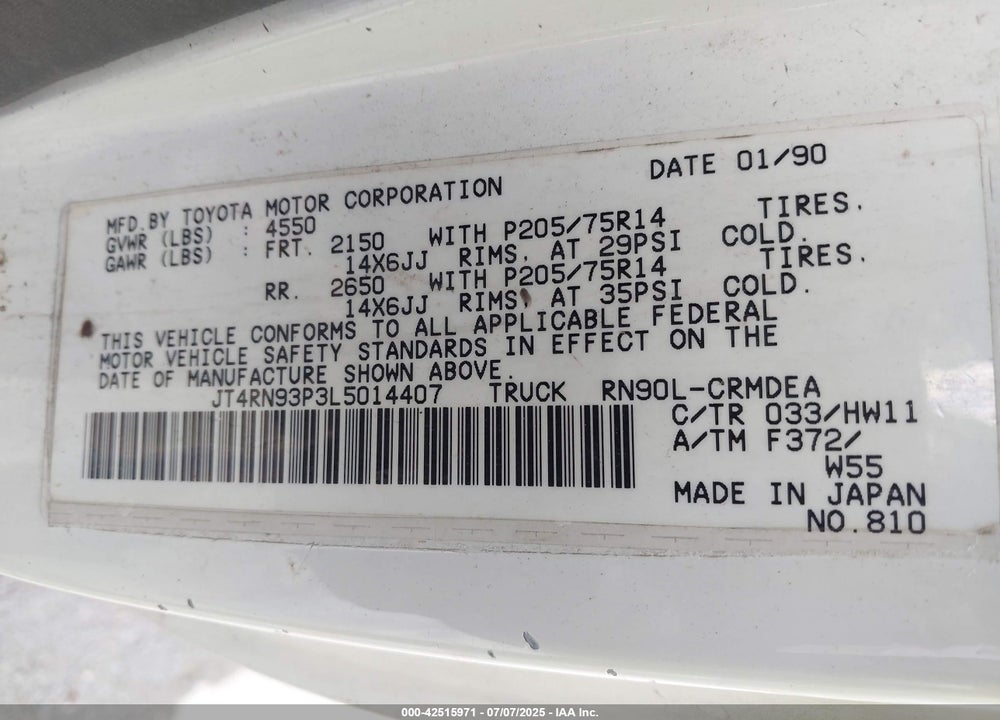 1990 TOYOTA PICKUP VIN: JT4RN93P3L5014407