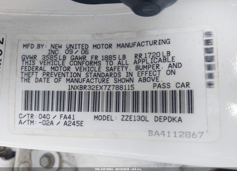 2007 TOYOTA COROLLA CE VIN: 1NXBR32EX7Z788115