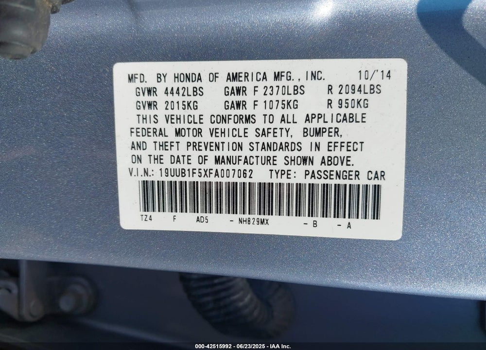 2015 ACURA TLX VIN: 19UUB1F5XFA007062