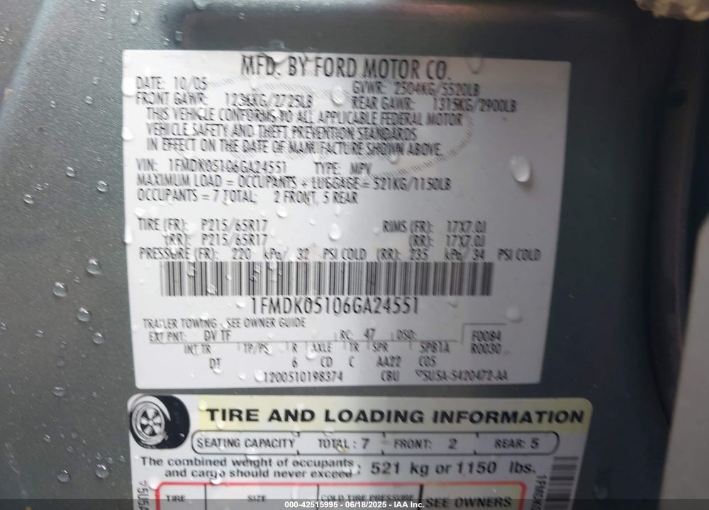 2006 FORD FREESTYLE VIN: 1FMDK05106GA24551