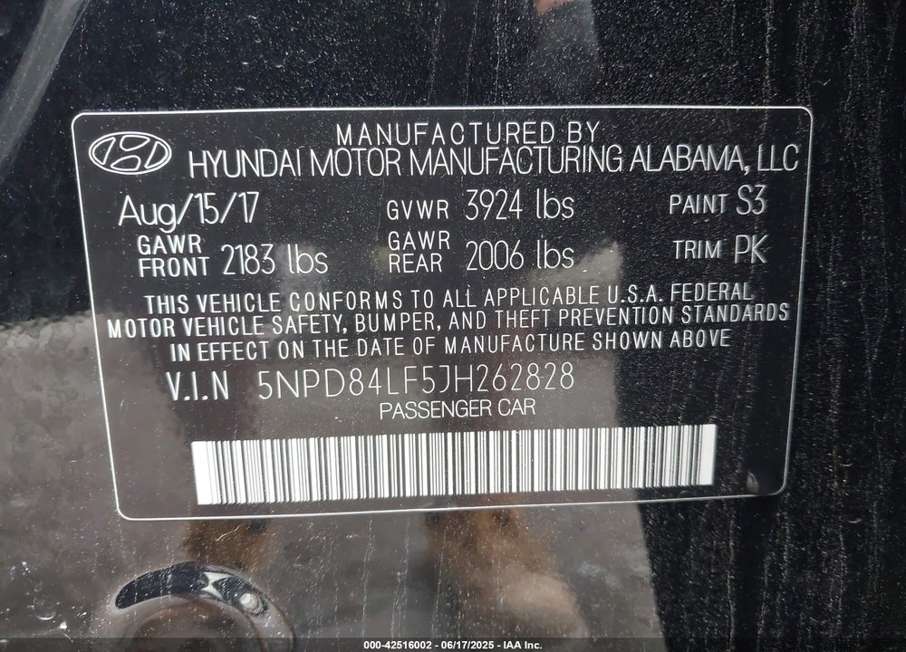 2018 HYUNDAI ELANTRA VIN: 5NPD84LF5JH262828