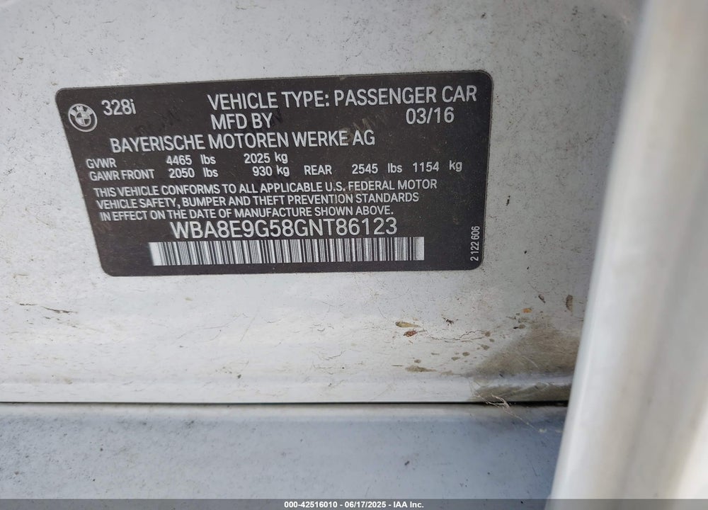 2016 BMW 3 SERIES VIN: WBA8E9G58GNT86123