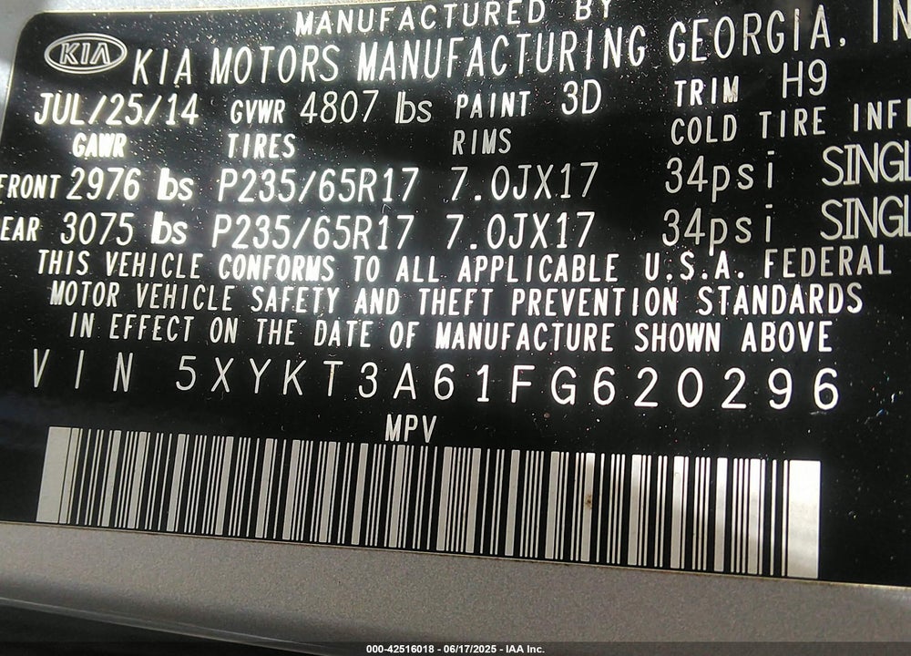 2015 KIA SORENTO LX VIN: 5XYKT3A61FG620296