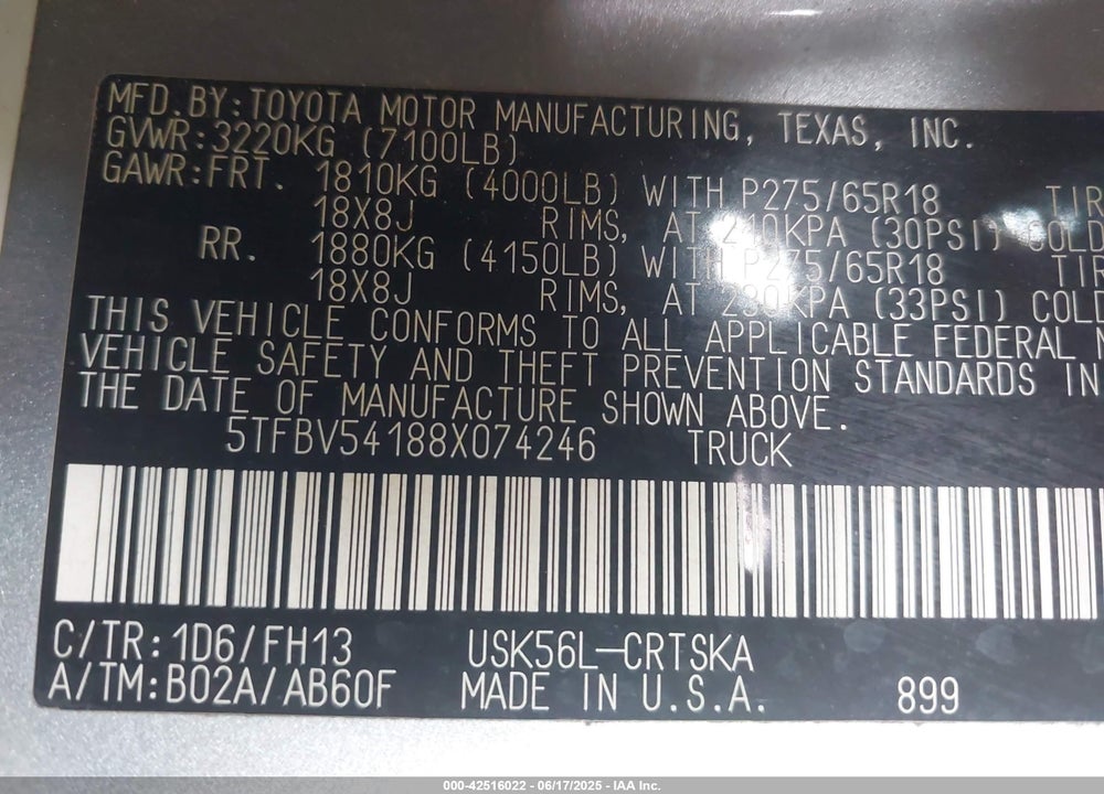 2008 TOYOTA TUNDRA VIN: 5TFBV54188X074246