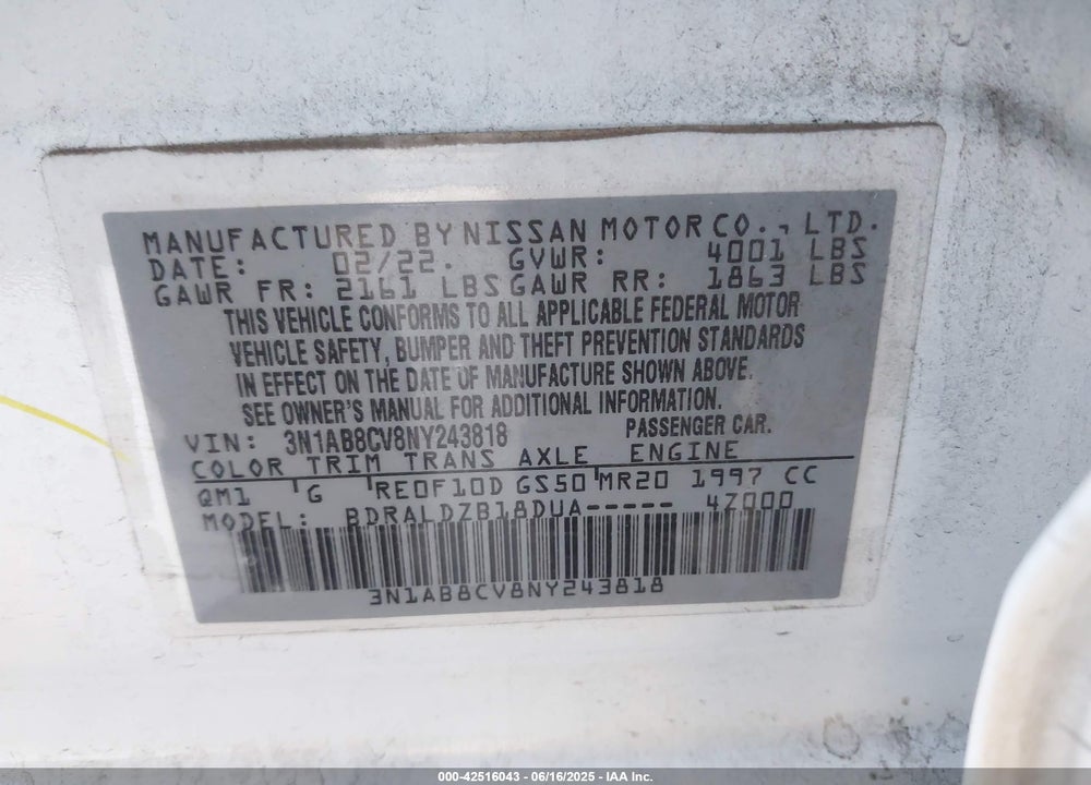 2022 NISSAN SENTRA VIN: 3N1AB8CV8NY243818